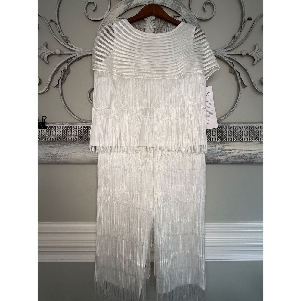 Ashro White Fringe 2 Piece Pant Set Mesh Top Wide Leg Pants Style Womens Size M - Picture 2 of 16
